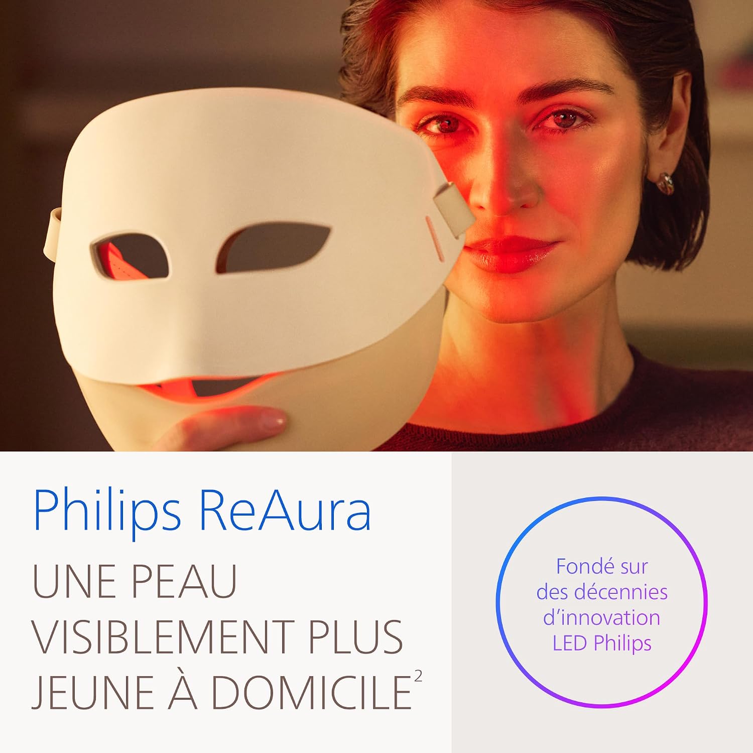 Philips ReAura – masque LED 3-en-1 visage, contour des yeux et cou, 3 modes spécialisés, technologie lumières bleue, rouge et proche infrarouge cliniquement prouvée¹, design souple, 10 min, LTM7100/00