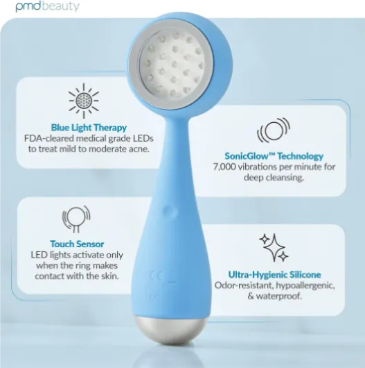 Clean Acne - Smart Facial Cleansing Device with Silicone Brush & Acne-Fighting Blue Light Therapy Treatment - Waterproof - SonicGlow Vibration Technology - Clear Pores, Blackheads, and Acne