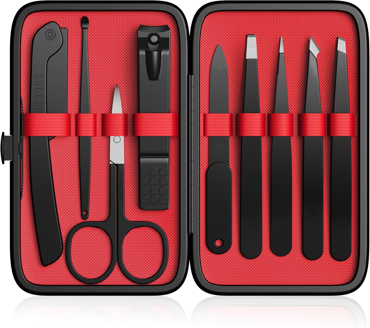 Tweezers Set,9 Pcs Professional Stainless Steel Tweezer Kit-Great Precision Eyebrow Tweezers for Ingrown Facial Hair with Leather Travel Case as Stocking Stuffing Gifts Black and Red-01