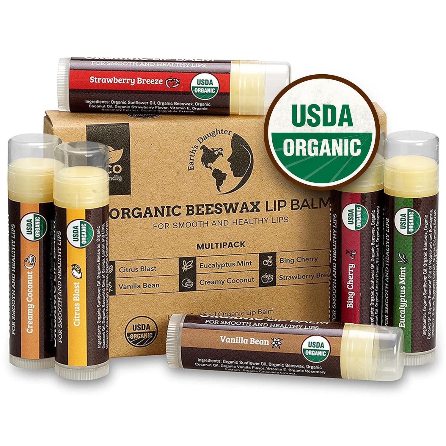 Earth's Daughter USDA Organic Lip Balm 6-Pack - Fruit Flavors, Beeswax, Coconut Oil, Vitamin E - Best Lip Repair Chapstick for Dry Cracked Lips - Moisturizing Lip Care Organic Variety 6-Pack