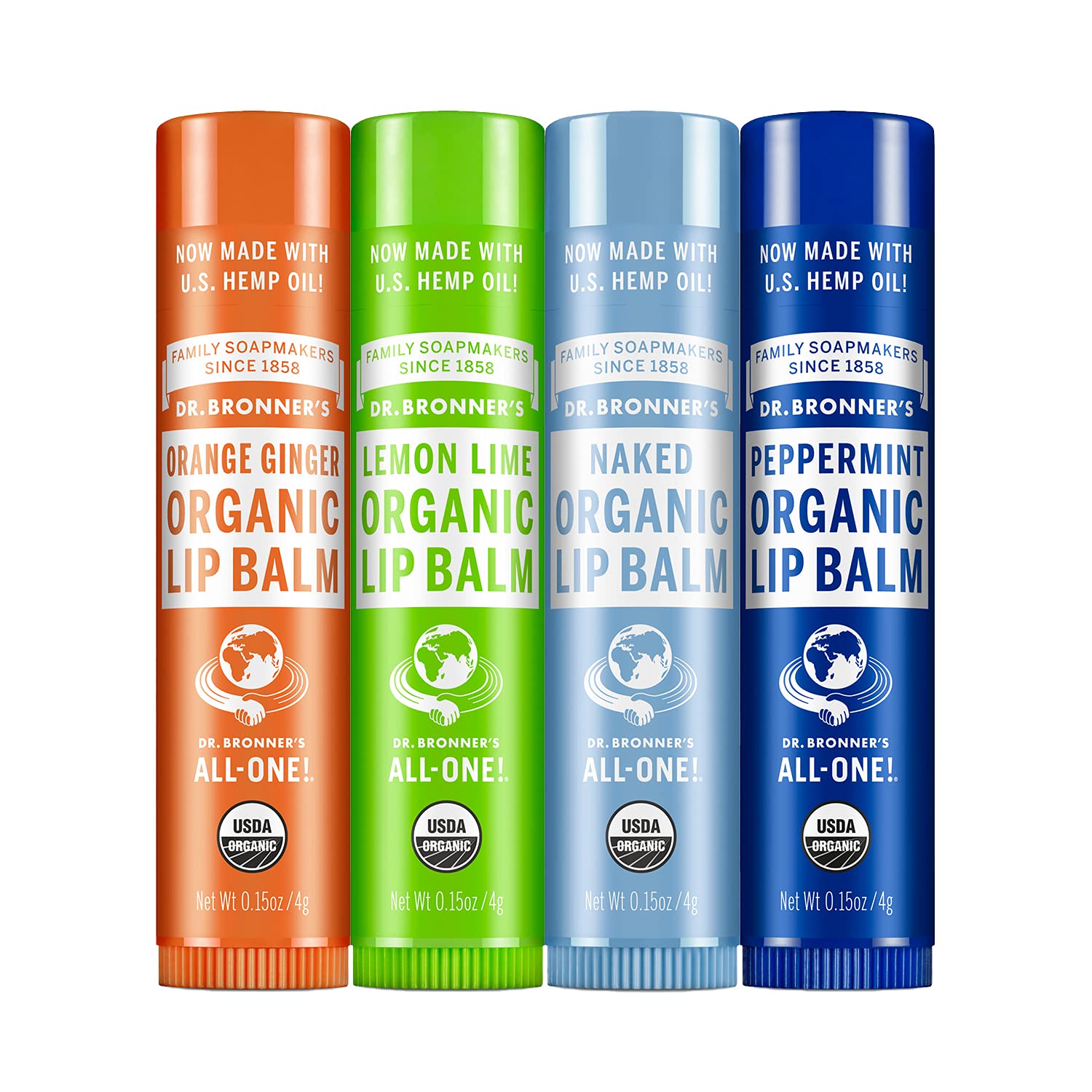 Dr - Bronner's - Organic Lip Balm Variety Peppermint, Orange Ginger, Naked, Lemon Lime) - Made with Organic Beeswax and Avocado Oil, For Dry Lips, Hands, Chin or Cheeks, 0.15 Ounce (Pack of 4) Orange,Peppermint,Lemon Lime 0.15 Ounce (Pack of 4)