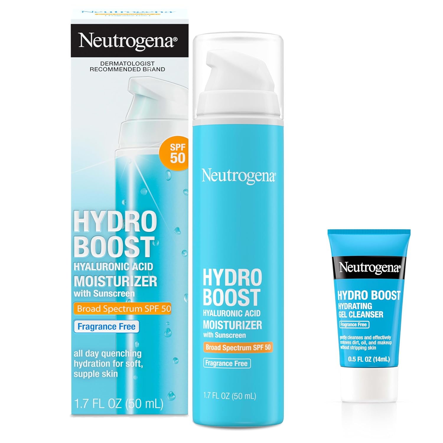 Hydro Boost Hyaluronic Acid Hydrating Face Moisturizer With SPF 50, Fragrance Free Facial Moisturizer, 1.7 fl - oz, & Trial Size Hydro Boost Facial Cleanser, 0.5 fl - oz