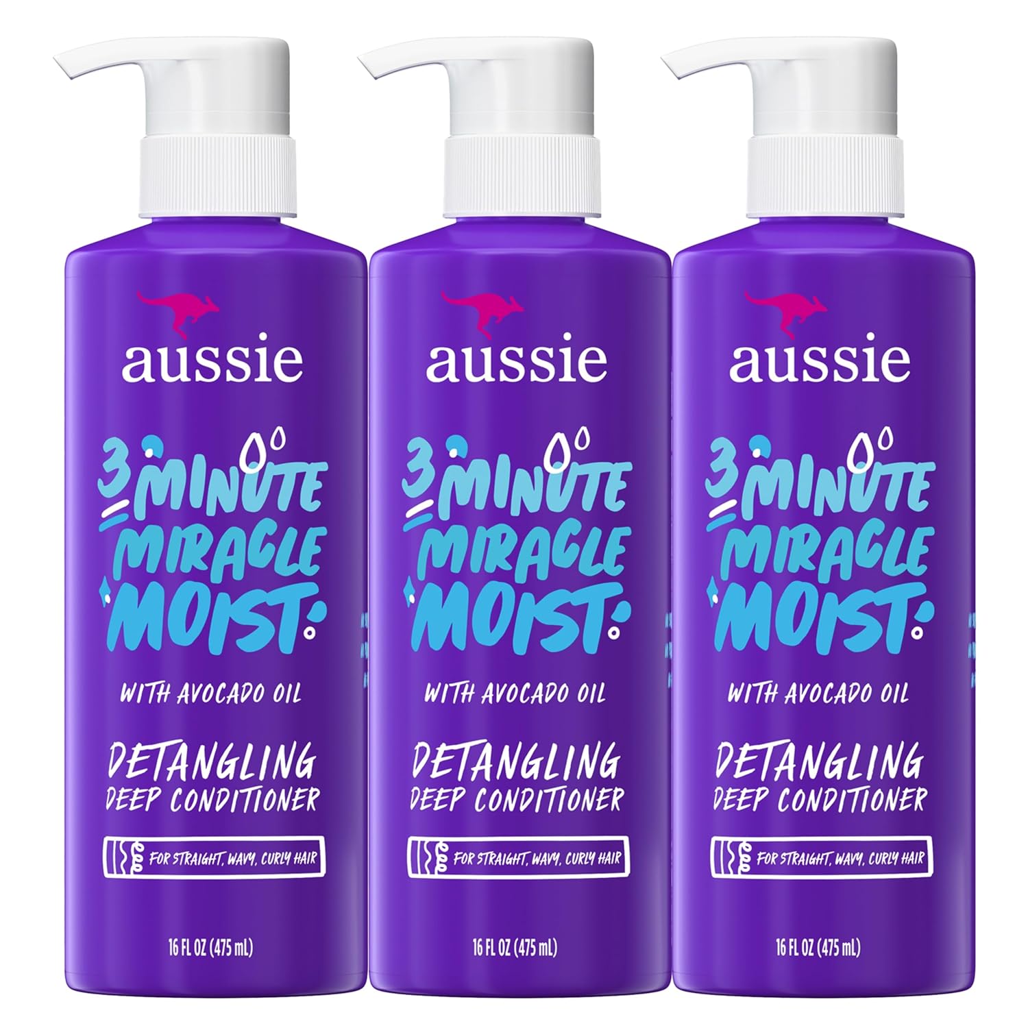3 Minute Miracle Moist Deep Conditioner for Dry Hair, Avocado & Jojoba Oil, Safe for Color Treated Hair, Nourishing Hydration, Silky Shine, Paraben-Free, 16 Fl Oz Each, Triple Pack 16 Fl Oz (Pack of 3)