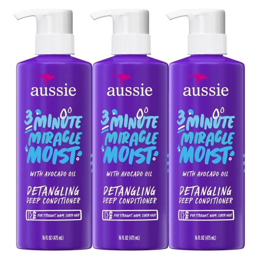 3 Minute Miracle Moist Deep Conditioner for Dry Hair, Avocado & Jojoba Oil, Safe for Color Treated Hair, Nourishing Hydration, Silky Shine, Paraben-Free, 16 Fl Oz Each, Triple Pack 16 Fl Oz (Pack of 3)