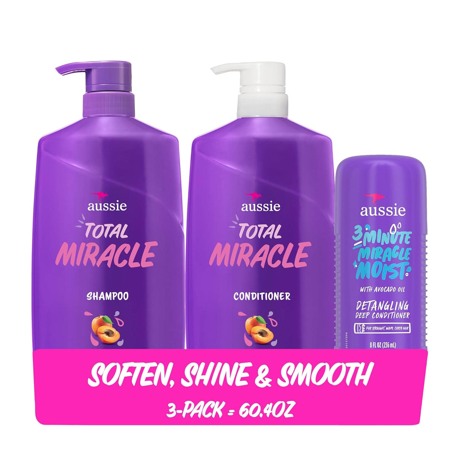 Total Miracle Hair Care Bundle: Shampoo, Conditioner, and 3 Minute Deep Treatment with Apricot & Macadamia Oil, Paraben-Free for Damaged Hair, 26.2 & 8 Fl Oz Total Miracle Bundle 60.4 Fl Oz (Pack of 1)