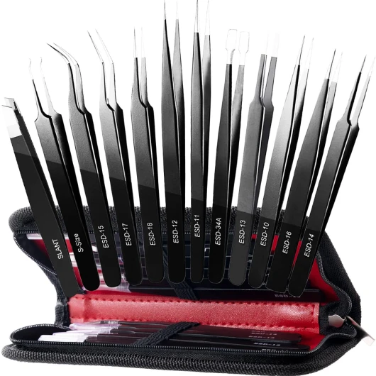 12 Pack Precision Tweezers Set for Craft, Soldering, Jewelry, Facial Hair, Eyebrow, Ingrown Hair Removal, Eyelash Extension- with Case Precision Tweezers 12 Pack W/ Case - Black