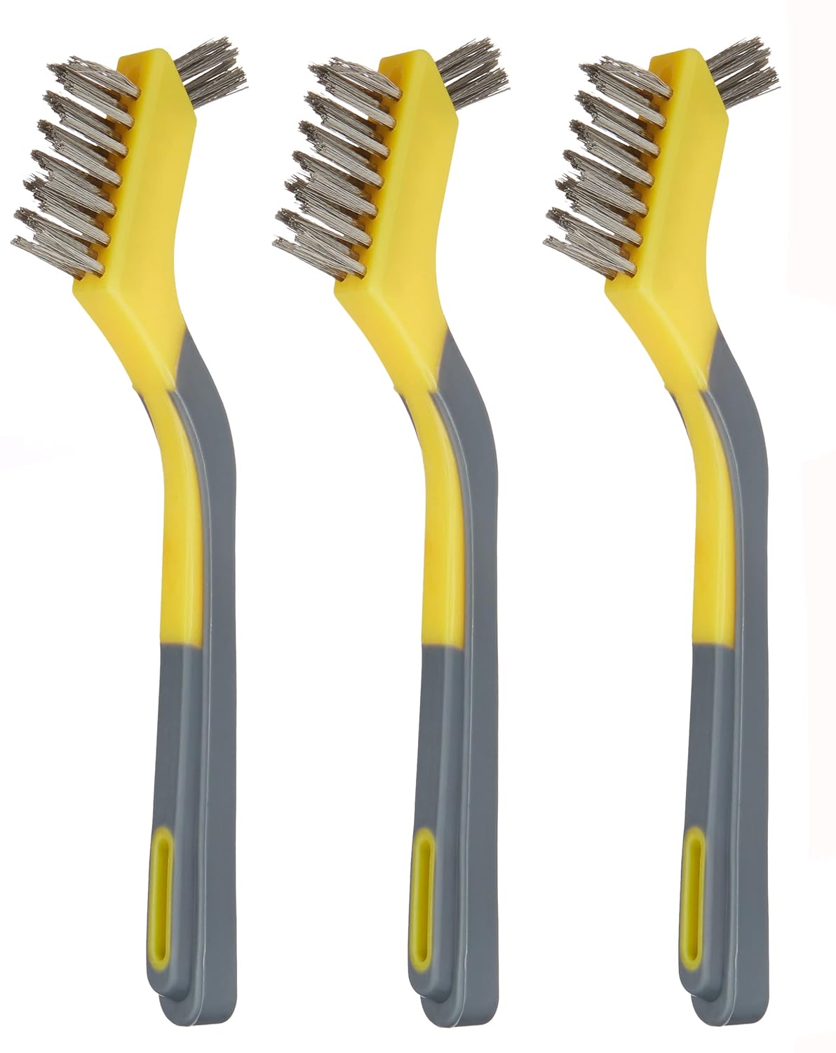 Stainless Steel Mini Brushes, Soft Grip, 3-Pack, Grey/Yellow