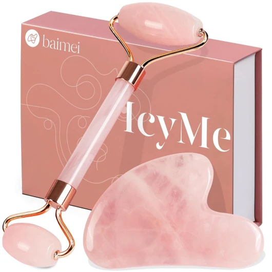 Jade Roller & Gua Sha, Face Roller, Facial Beauty Roller Skin Care Tools, Self Care Gift for Men Women, Massager for Face, Eyes, Neck, Relieve Fine Lines and Wrinkles - Rose Quartz Pink