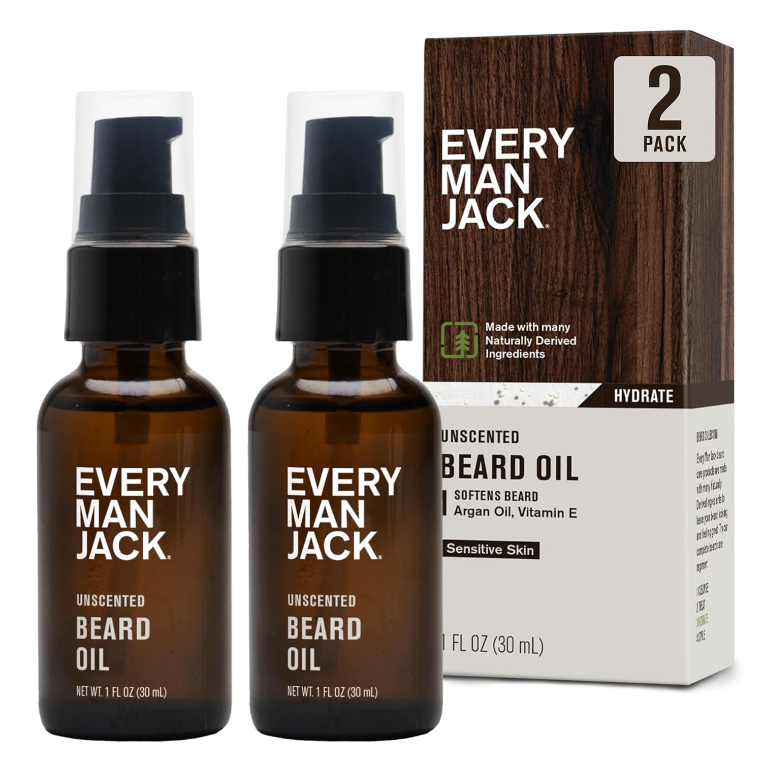 Unscented Beard Oil for Men - Fragrance Free for Sensitive Skin - Naturally Moisturizes and Softens Beard w/Shea Butter & Argan Oil - 1 fl oz (2 pack) Unscented 1 Fl Oz (Pack of 2)