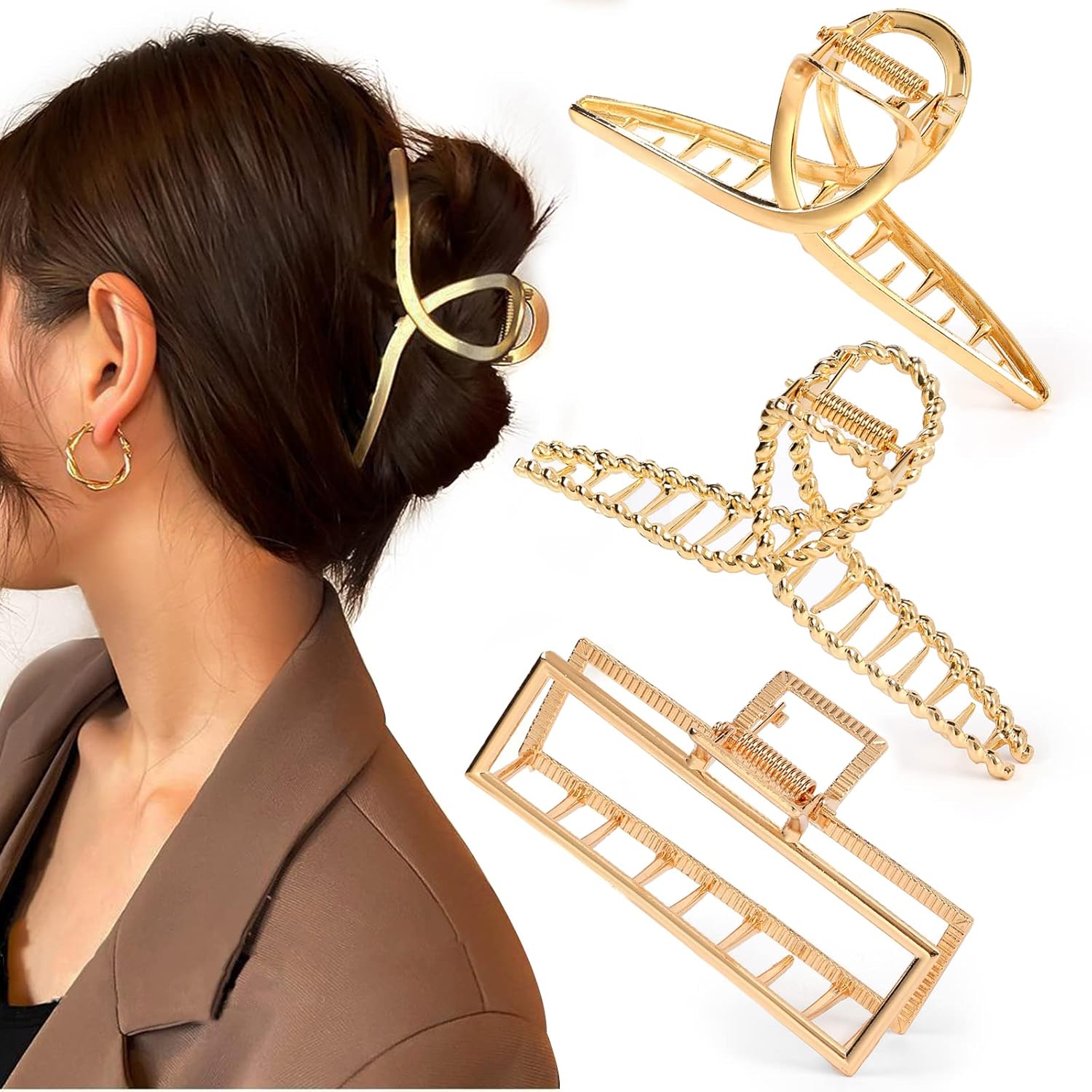 3 PCS Metal Large Claw Clips for Thick Heavy Hair, Strong Hold Big Non-Slip Hair Catch Barrette Jaw Clamp for Long Hair, Fashion Styling Accessories for Women Girls Type A