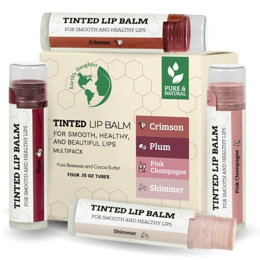 Earth's Daughter Tinted Lip Balm 4 Pack of Assorted Colors - Beeswax, Coconut Oil, Cocoa Butter, Vitamin E - Moisturize and Beautify - Paraben Free Tinted Variety Pack