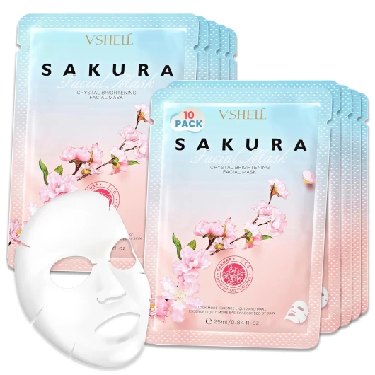 Brightening Face Sheet Mask, Set of 10 - Japanese Hydrating Beauty Skincare with Sakura Extract for Women and Men - Moisturising Anti Aging Facial Treatment - Ideal for Sensitive Skin Japanese Sakura