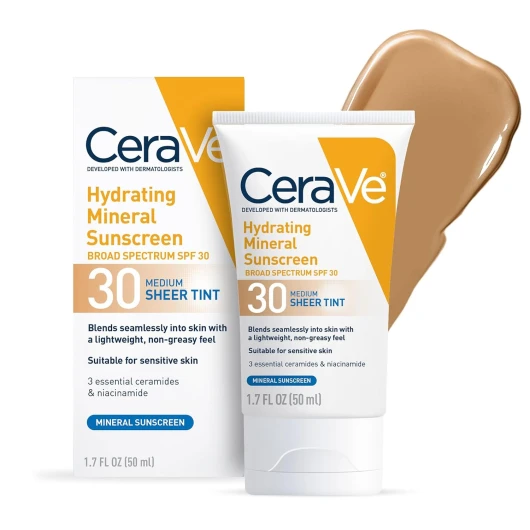 Hydrating Mineral Sunscreen SPF 30 with Sheer Tint, Tinted Mineral Sunscreen with Zinc Oxide & Titanium Dioxide, Blends Seamlessly For Healthy Glow, Medium, 1.7 Fluid Ounce