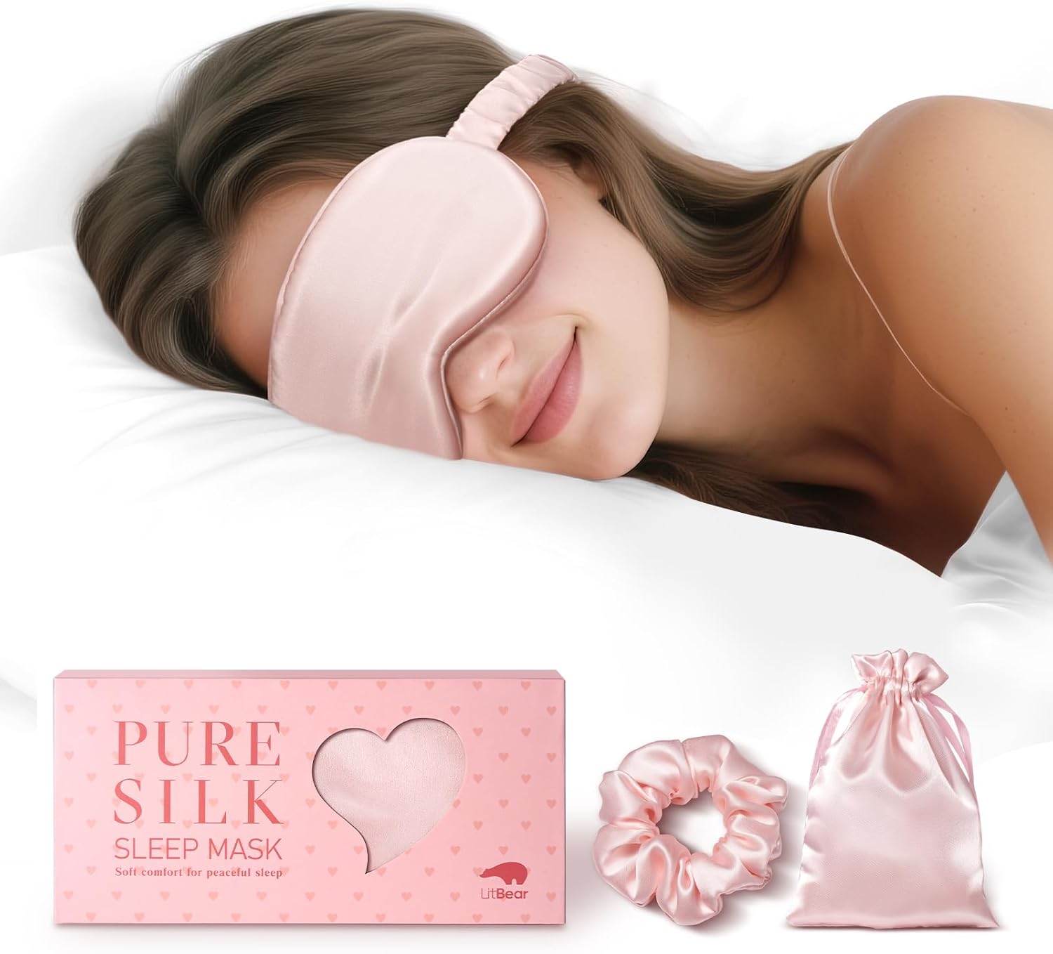 100% Pure Silk Sleep Mask, 22 Momme 6A Mulberry Silk Fabric and Filling, Total Light Blocking Eye Mask Sleeping for Women, Men, Side Sleepers, Includes Travel Pouch and Scrunchie Pink