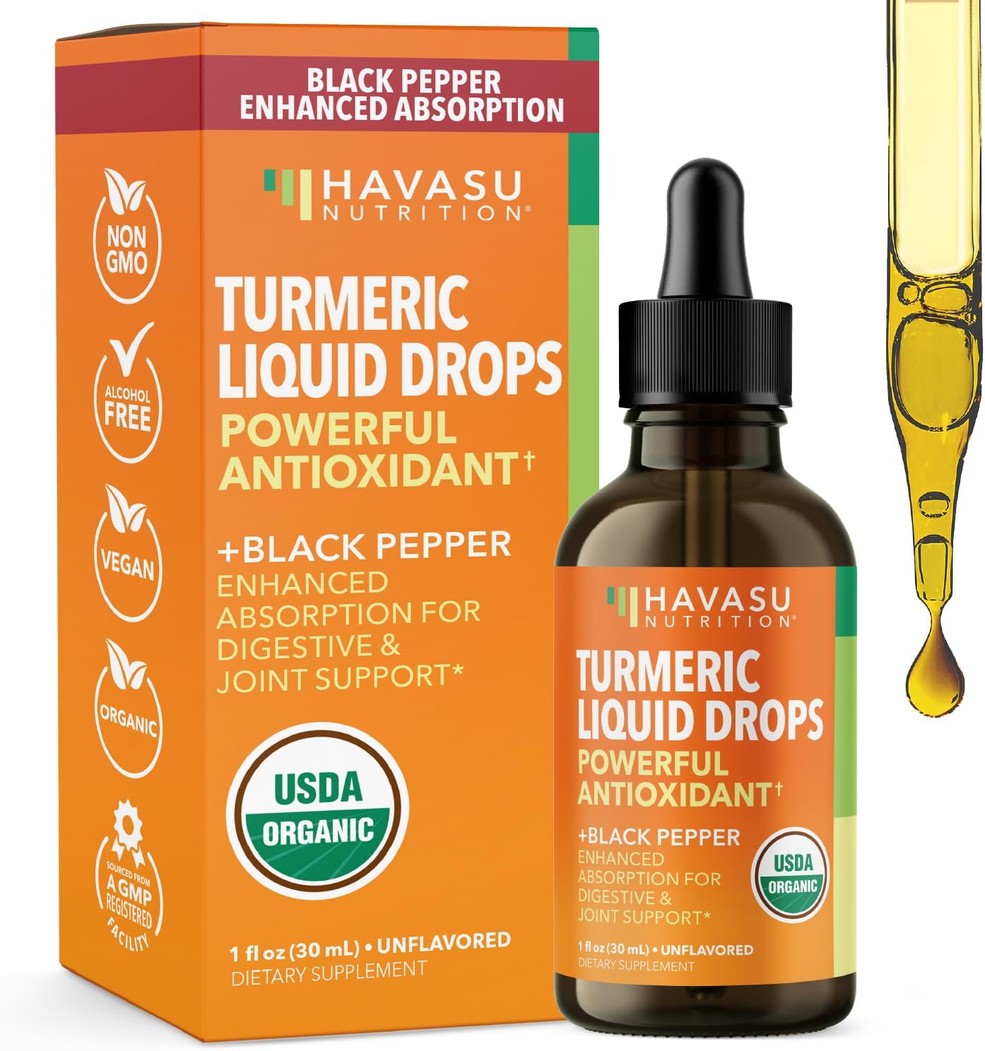 USDA Organic Turmeric Liquid Drops with Black Pepper - 1000mg Curcumin Supplement for Immune & Digestive Health - 30 Servings - Enhanced Absorption - Non-GMO, Vegan, Gluten Free - Unflavored, 1 Fl Oz 30 Liquid Servings (Pack of 1)