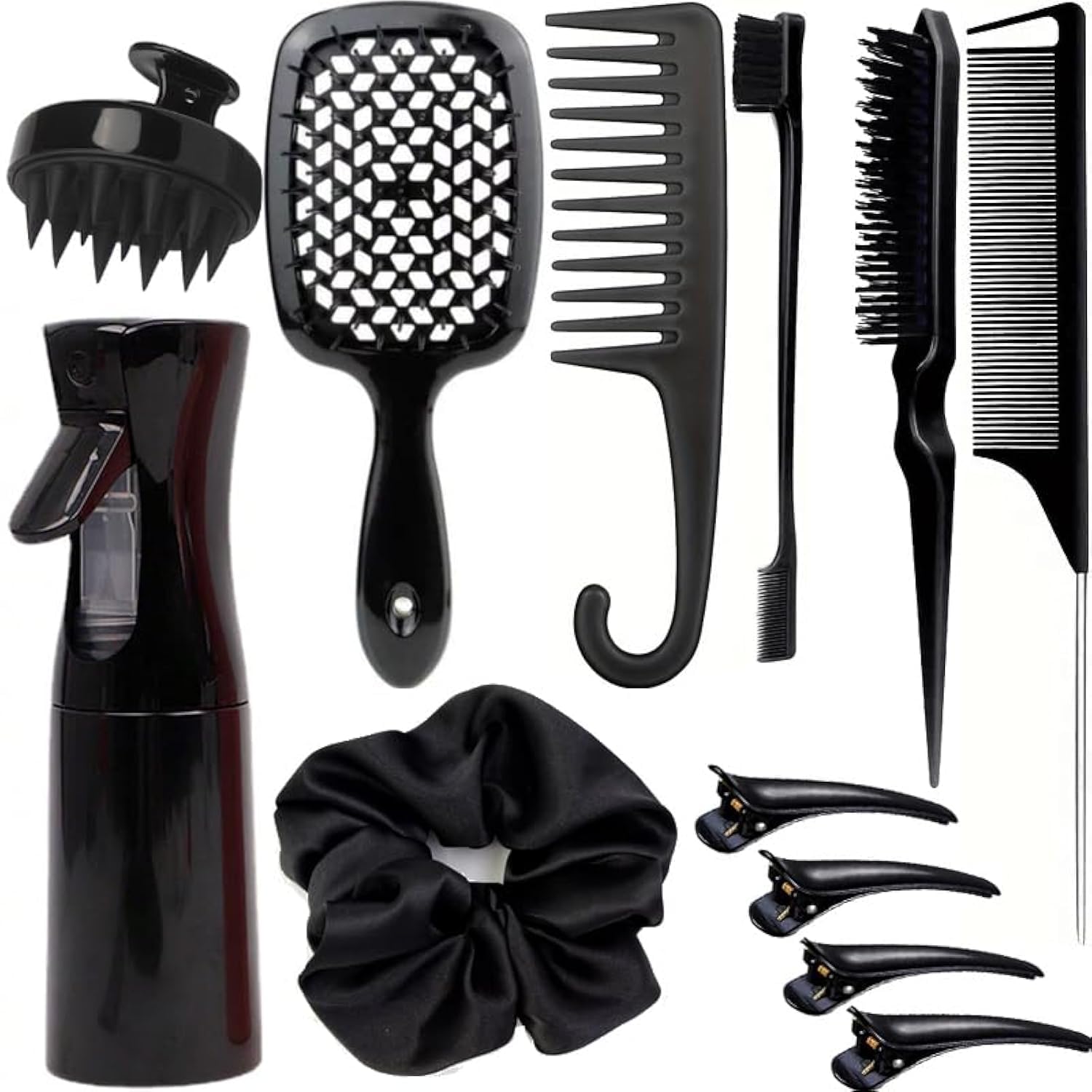 12 Pcs Hair Styling Brush Set with Detangler, Teasing, Rat Tail, Edge Brushes and Baby Hair Brushes - Soft Bristles for Baby Girls and Women (Black)