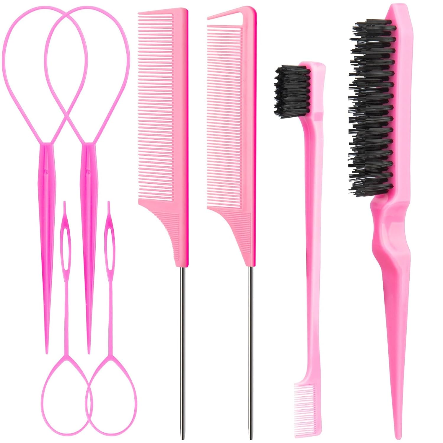 Aigee 8Pcs Hair Styling Combs Set Include 4Pcs Topsy Hair Tail Tools 2 Styles of Rat Tail Comb,1Pcs Bristle Teasing Slick Back hair Brush,1Pcs Edge Control Brush,Eyebrow Brush for Woman Girl Pink