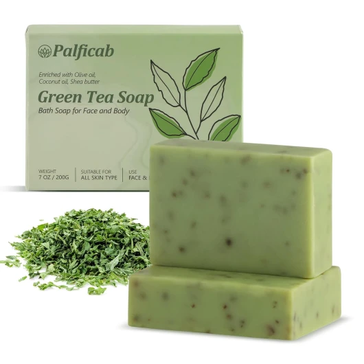 Green Tea Soap, Natural Bath Soap with Tea Leaves, Coconut Oil, Shea Butter, Homemade - Vegan Bar Soap with Cold Pressed For Face and Body, Help Moisturizing Soften Dry Skin, 2 Bars 7 Ounce (Pack of 1) No Soap Bubble Net