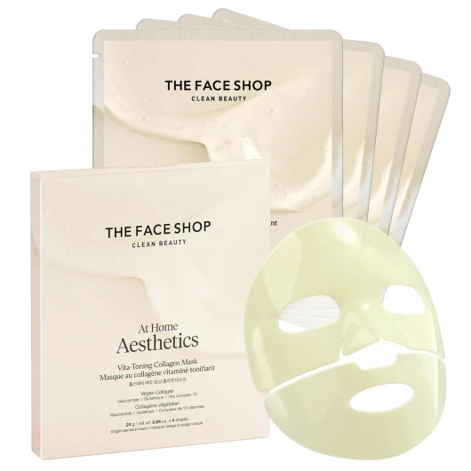 Vita-Toning Vegan Collagen Face Mask, Korean Glass Skin Essential, Hydrogel Mask for Moisturizing & Skin Elasticity, Improves Uneven Tone, 4EA