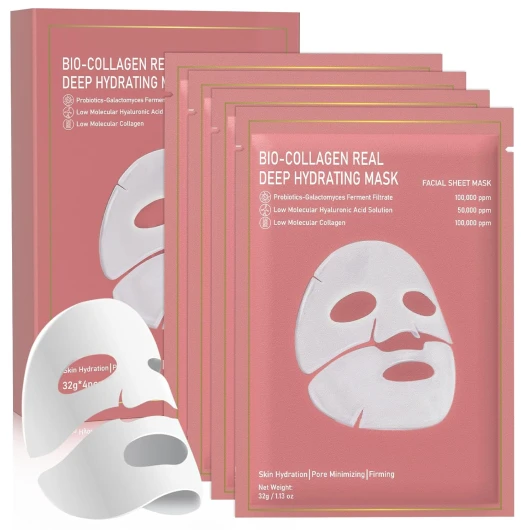 Bio-Collagen Real Deep Mask, 4 Pack Overnight Hydrating Face Mask for All Skin Types,Original Hydrating Collagen Face Mask 4 Count (Pack of 1)