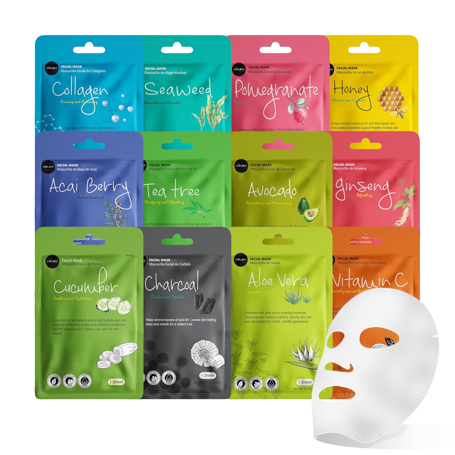 Celavi Essence Facial Sheet Face Mask Variety Set Classic Authentic Korean Moisturizing Skincare (12-Packs) 1 Count (Pack of 12) A Set