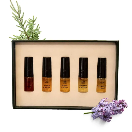ADK Botanical Perfume Spray Discovery Set, Included Lilac, Patchouli & Orange, Marigold & Chamomile, Berries & Roses, Vanilla & Balsam - Natural Clean Perfume for Women & Men