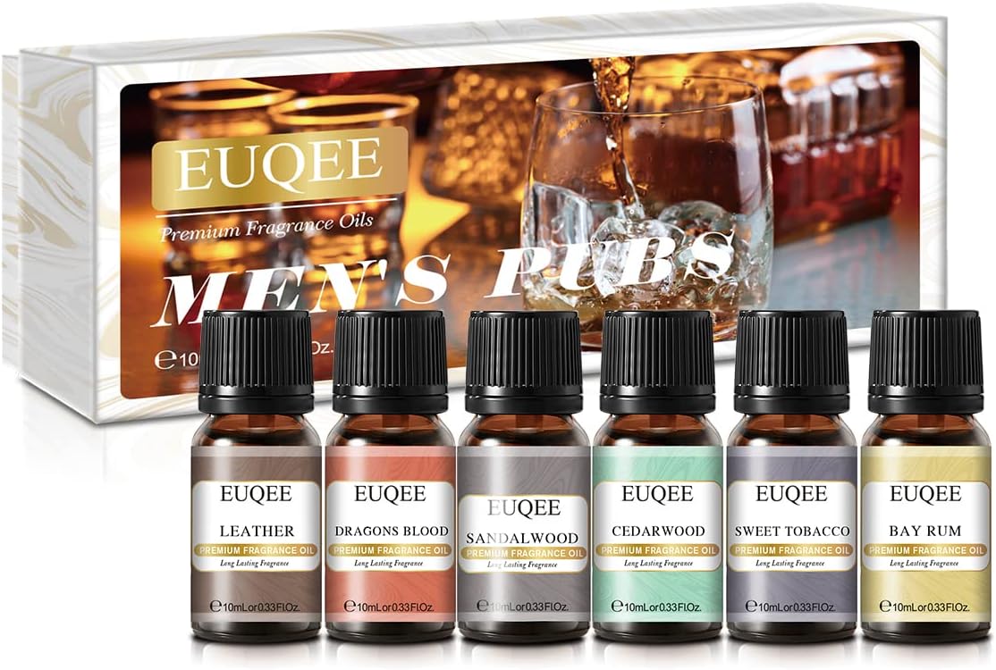 6PCS Fragrance Oils for Men, Men's Pubs Gift Set Premium Fragrance Oils -10ml-Leather, Sweet Tobacco（New Name-Honeyed Haze）, Dragons Blood, Sandalwood, Bay Rum, Cedarwood (Men's Pubs) Men's Pubs 0.33 Fl Oz (Pack of 6)