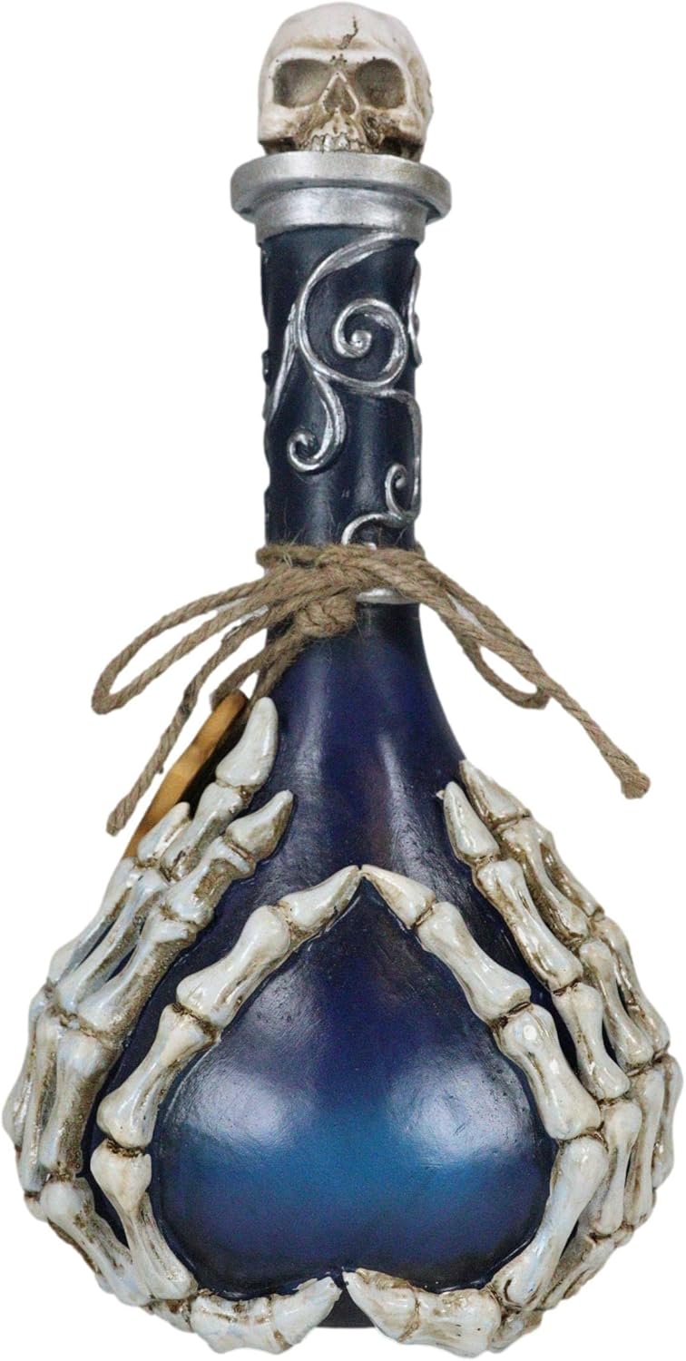Wicca Occult Witchcraft Black Magic Inverted Heart Blue 'Drink Me!' Decorative Potion Bottle with Skeleton Fingers Silver Scrollwork Borders and Skull Topper Halloween Desk Ornament Accent