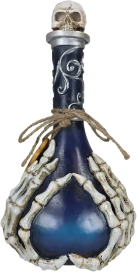 Wicca Occult Witchcraft Black Magic Inverted Heart Blue 'Drink Me!' Decorative Potion Bottle with Skeleton Fingers Silver Scrollwork Borders and Skull Topper Halloween Desk Ornament Accent