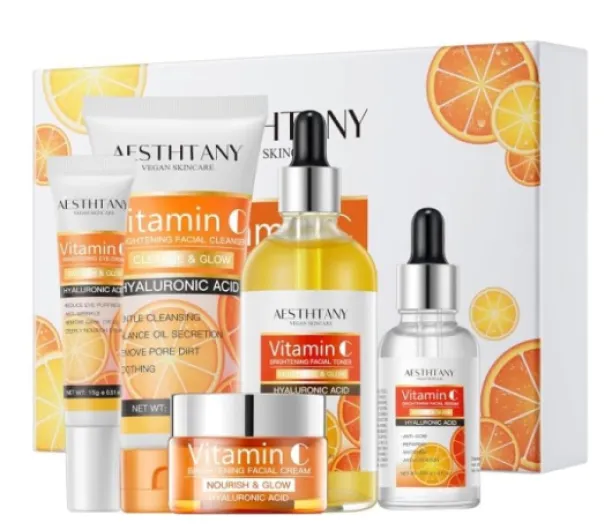 Vitamin C Skin Care Set For Women , 5-In-1 Moisturizing Hyaluronic Acid Skin Care Routine with Facial Cleanser, Serum, Face Cream, Eye Cream, Toner