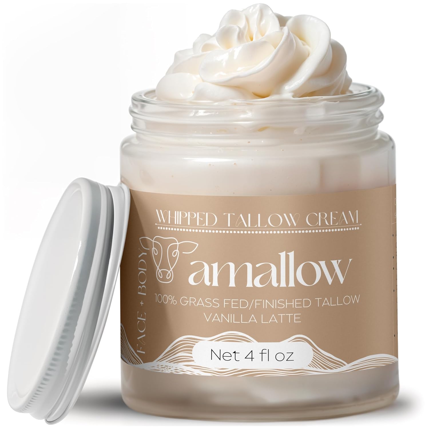 100% Grass Fed Beef Tallow for Skin Care - Face + Body - Whipped Moisturizer - Natural Lotion, 4 FL - oz - (Vanilla Latte)