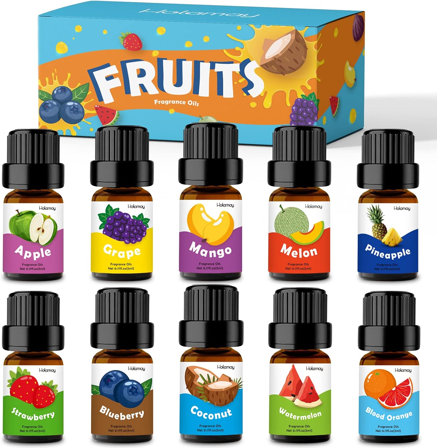 Fruity Fragrance Oil for Candle & Soap Making, Holamay Premium Fruit Essential Oils, 10 x 5ml - Coconut, Strawberry, Mango, Pineapple and More Diffuser Oil Scents, Summer Aromatherapy Oils Set Fruits-5mlx10 0.17 Fl Oz (Pack of 10)