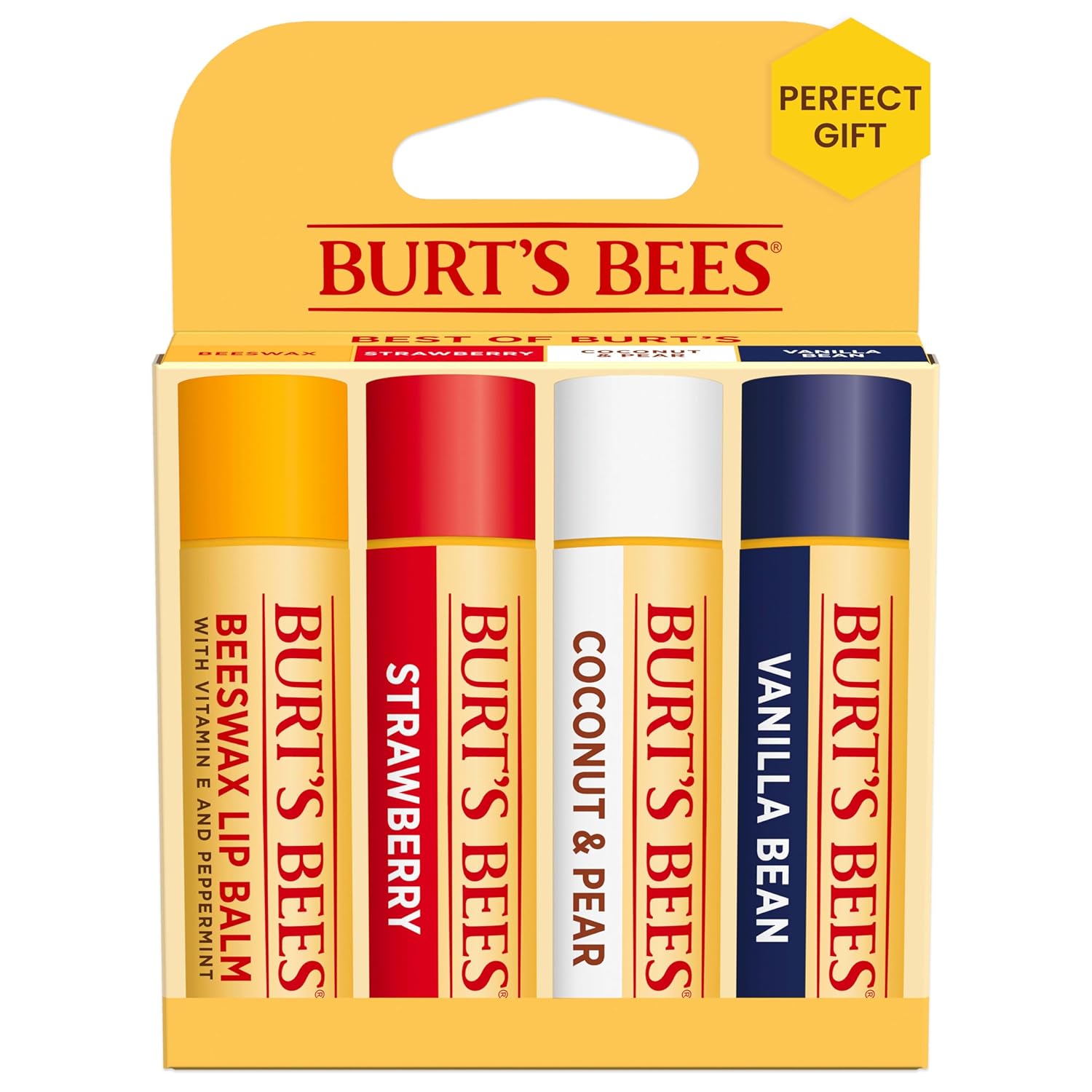 Burt's Bees Lip Balm, Beeswax, Strawberry, Coconut and Pear, and Vanilla Bean Pack, With Responsibly Sourced Beeswax, Tint-Free, Natural Lip Treatment, 4 Tubes, 0.15 oz - Best of Burt's (4 Pack)