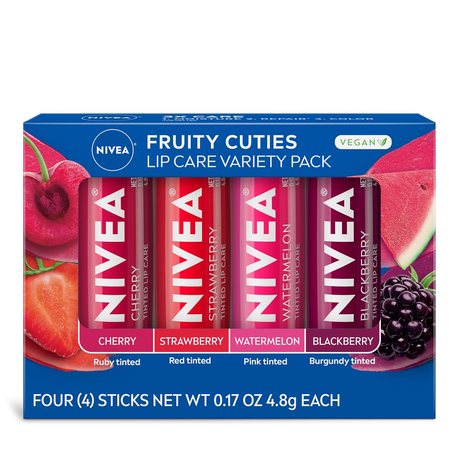 Lip Care, Fruity Tinted Lip Balm Variety Pack, Cherry, Strawberry, Blackberry and Watermelon Flavors, 3-in-1 Moisture, Repair and Color, 0.17 Oz Stick, Pack of 4 Cherry, Strawberry, Watermelon, Blackberry 0.17 Ounce (Pack of 4)