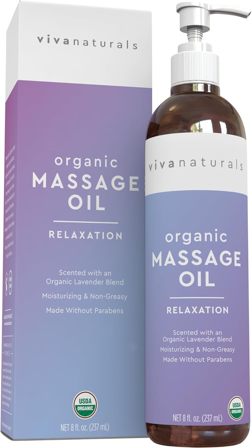 Organic Massage Oil (8 fl - oz.) - Lavender Scented Non-Greasy Body Massage Oil with Mess-Free Pump, Moisturizing Massage Oils for Massage Therapy, Non-GMO and Certified Organic, 237 mL