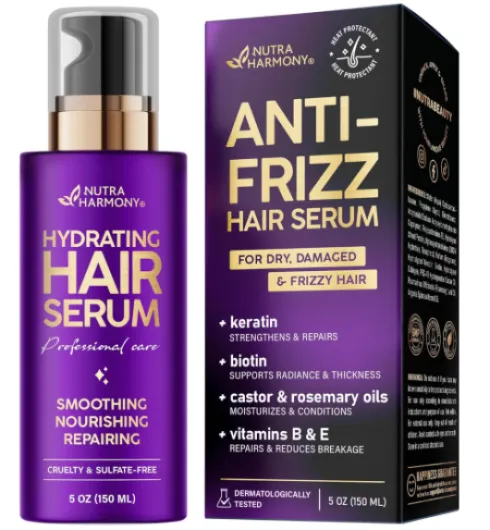 Hydrating Hair Serum – Keratin Hair Treatment for Dry, Frizzy, Damaged Hair – Biotin, Castor & Rosemary Oils – Anti‑Frizz, Heat Protectant & Split Ends Repair for Smooth, Shiny Hair, 5oz 5 Fl Oz (Pack of 1)