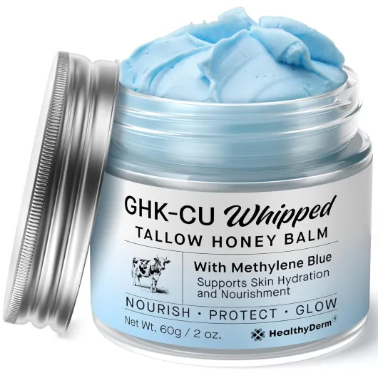 Copper Peptides GHK-Cu Beef Tallow for Skin: Blue Balm with Methylene Blue, Manuka Honey & Vitamin E – Natural Face and Body Moisturizer for Mature, Dry & Sensitive Skin – 2oz 2 Fl Oz (Pack of 1)