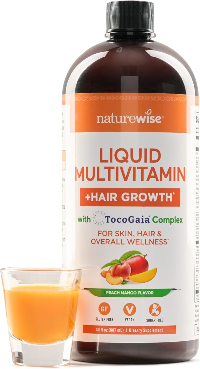 Liquid Multivitamin Hair Growth for Women & Men + Tocogaia® for Hair Growth & Skin Elasticity Support + Biotin, Vitamin D, E, B - Sugar Free Multivitamin, Vegan - 30 fl oz[30 Servings] Peach Mango 30 Fl Oz (Pack of 1)