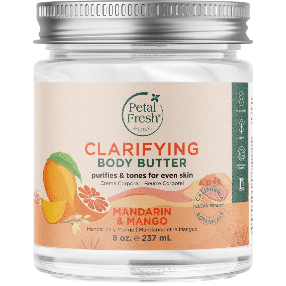 Pure Clarifying Mandarin & Mango Body Butter, Organic Coconut Oil, Argan Oil, Shea Butter, Purifying and Toning, For All Skin Tupes, Natural Ingredients, Vegan and Cruelty Free, 8 oz
