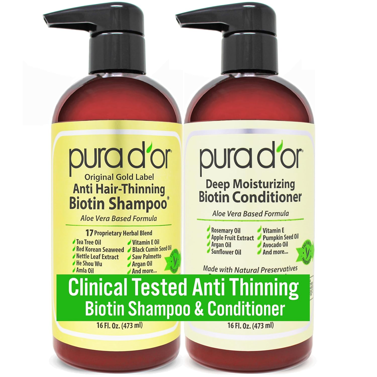 PURA D'OR Anti-Thinning Biotin Shampoo & Deep Moisturizing Conditioner Original Gold Label Set (16oz x2) Natural Earthy Scent, CLINICALLY TESTED Effective Results, Hair Thickening Product, Women & Men 16 Fl Oz (Pack of 2)