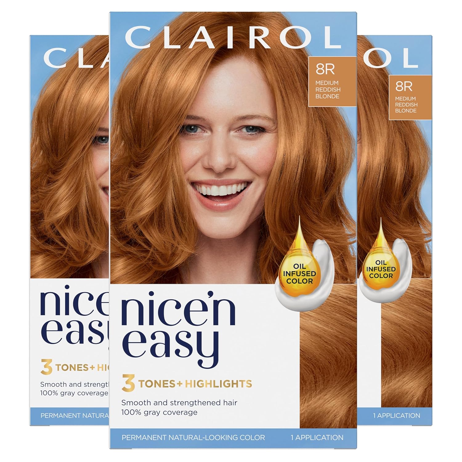 Nice'n Easy Permanent Hair Dye, 8R Medium Reddish Blonde Hair Color, Pack of 3 8R Medium Reddish Blonde 6.26 Fl Oz (Pack of 3)