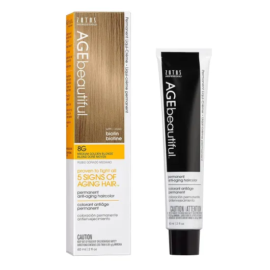 AGE beautiful Permanent Hair Color Dye Liqui Creme - 100% Gray Coverage - Anti-Aging Haircolor - Biotin for Thicker, Fuller Hair - Professional Salon Coloring Hair Color Dye 8G Medium Gold Blonde