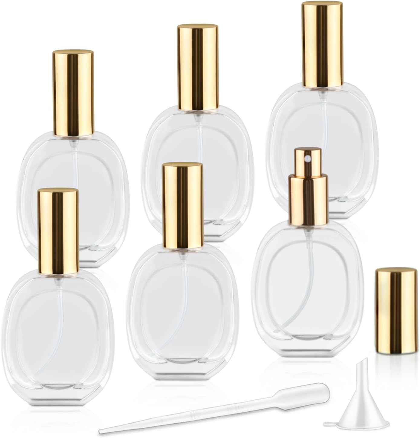 6 Pcs 50ml/1.7oz Glass Spray Bottle Clear Empty Perfume Atomizer Refillable Spray Container with Fine Mist Sprayer Pump for Fragrance Essential Oil Travel - Golden Lid