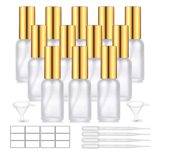 12 Pack 1.7 Oz Frosted Glass Spray Bottles with Fine Mist Atomizer &Golden Pump Cap,Empty Travel Size Perfume Liquid Containers for Essential Oils-Stickers,Pipette&Funnel included (Pack of 12)