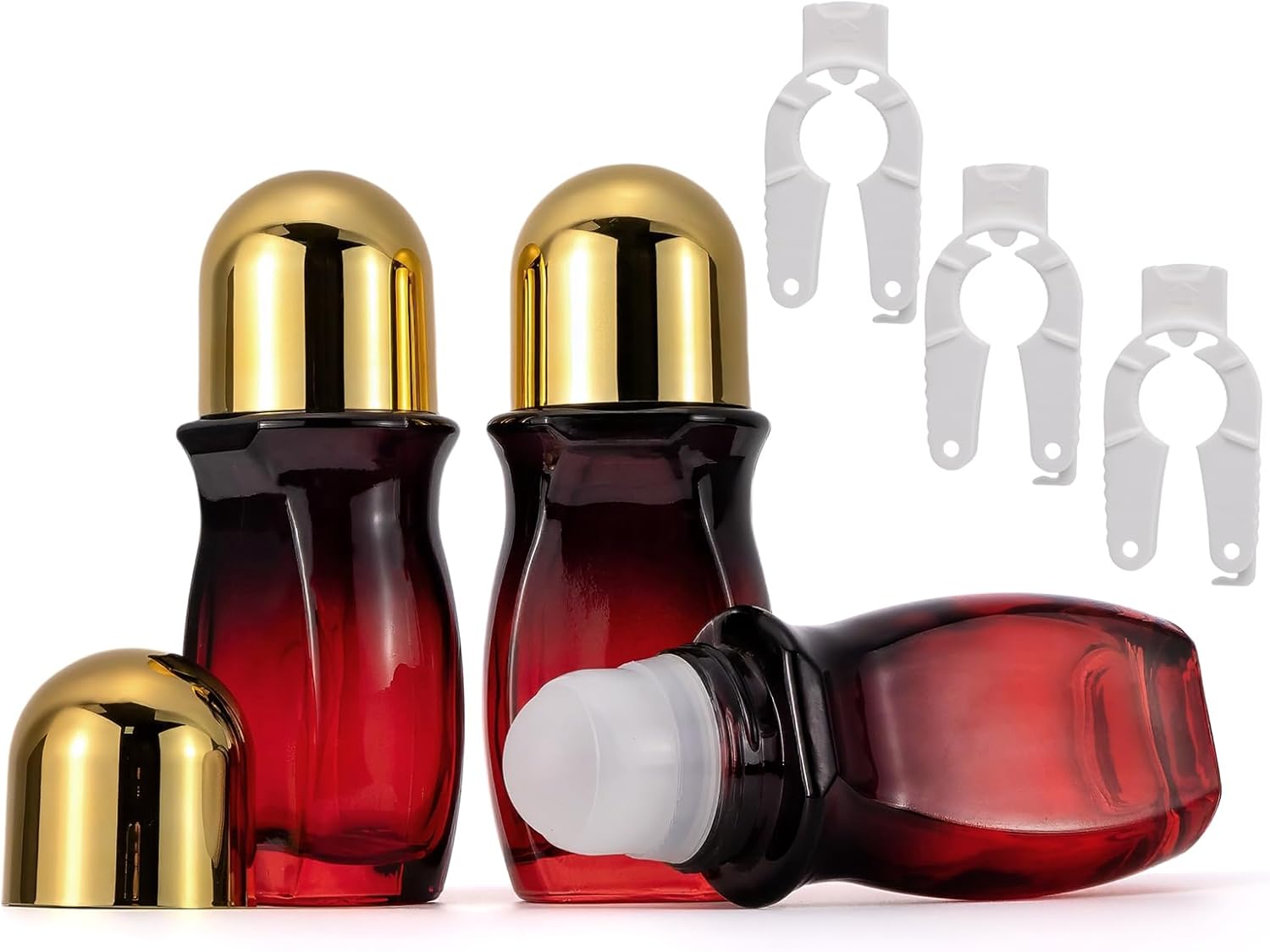 3 Pack 50ml Empty Glass Roller Bottles for Essential Oils, Perfume, Cosmetics with Plastic Roller Ball and Screw Cap, Leak Proof Refillable Deodorant Containers Gold Cap Black and Red