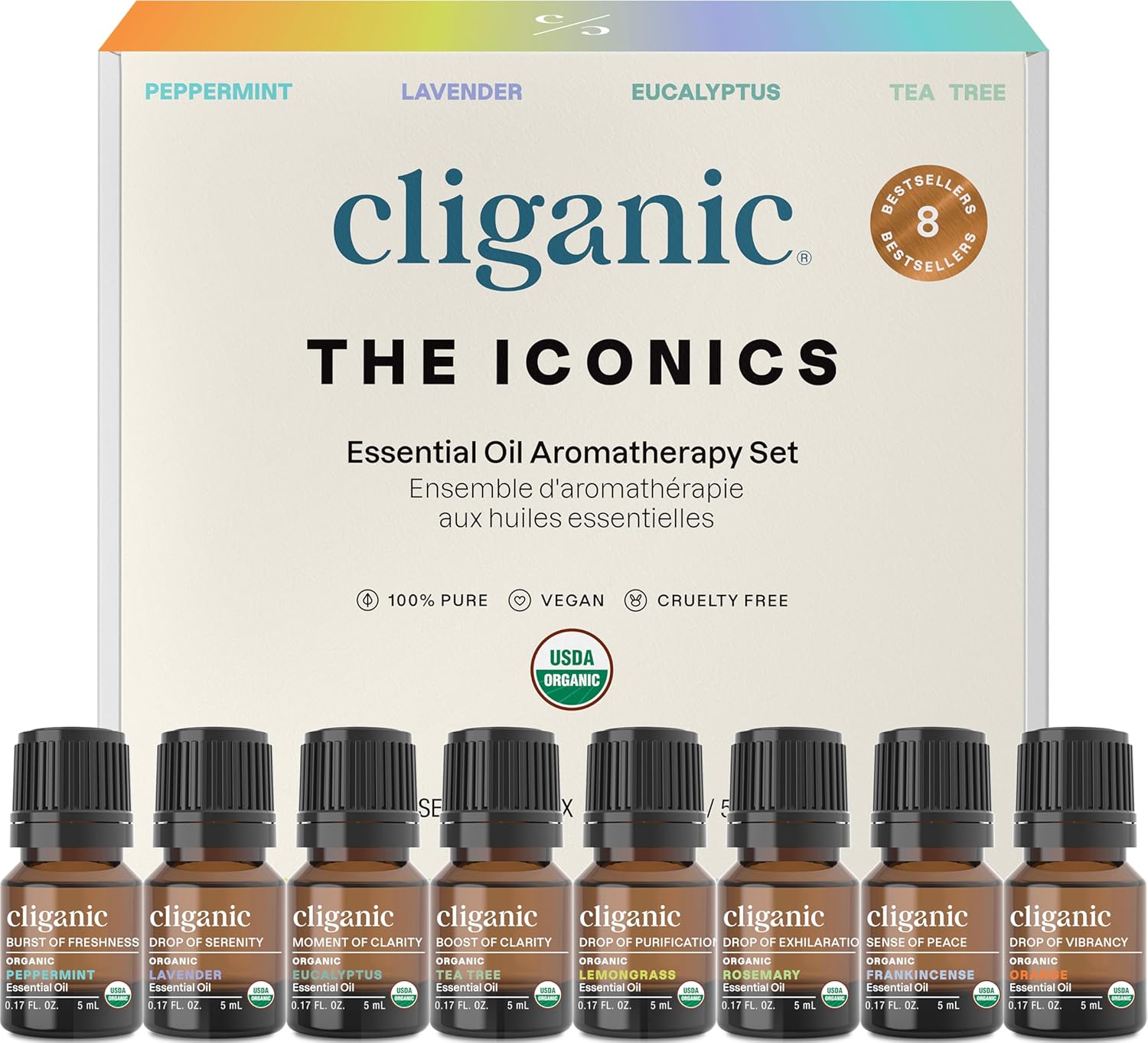 Organic Aromatherapy Essential Oils Gift Set (Top 8 - The Iconics), 100% Pure - Peppermint, Lavender, Eucalyptus, Tea Tree, Lemongrass, Rosemary, Frankincense & Orange 0.16 Fl Oz (Pack of 8)