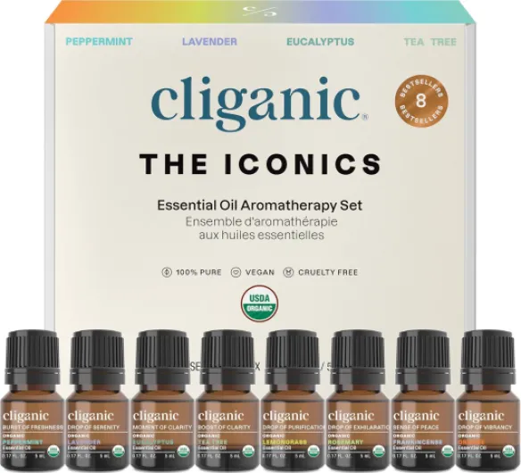 Organic Aromatherapy Essential Oils Gift Set (Top 8 - The Iconics), 100% Pure - Peppermint, Lavender, Eucalyptus, Tea Tree, Lemongrass, Rosemary, Frankincense & Orange 0.16 Fl Oz (Pack of 8)