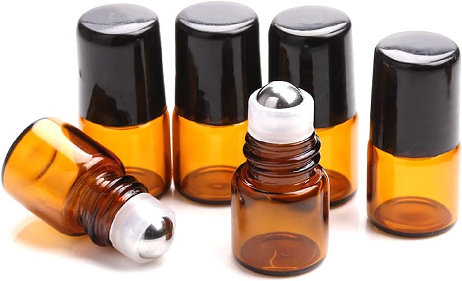 Furnido 25 Pack 1ml Amber Glass Roll on Bottle For Essential Oils,Perfume Vial with Stainless Steel Roller Ball,Black Caps Mini Sample Vials Cosmetics Small Container 25 Count (Pack of 1)