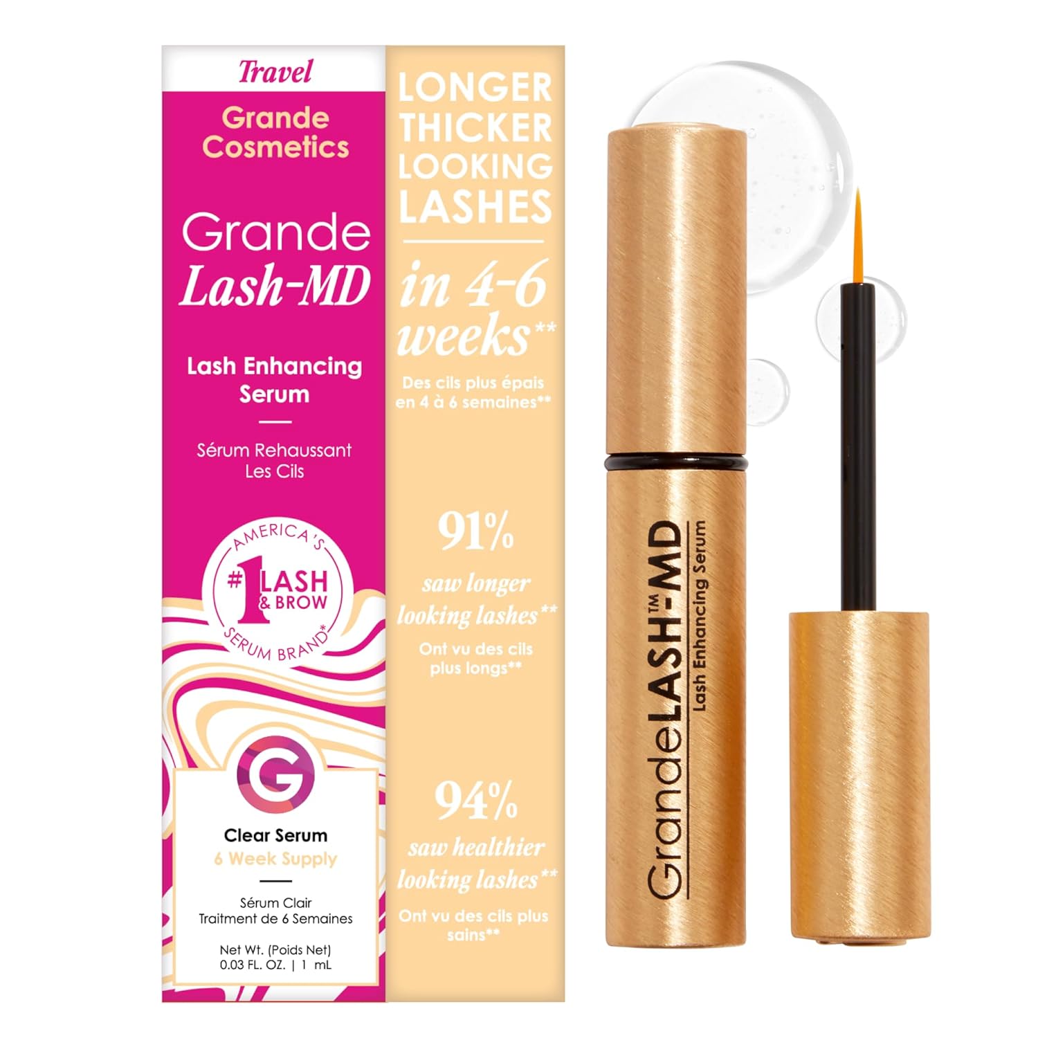 Grande Cosmetics GrandeLASH-MD Lash Enhancing Serum - Peptide & Vitamin Infused Formula for Longer, Thicker, Fuller Looking Lashes - Ophthalmologist Tested, Cruelty-Free 1mL, 6-week starter supply
