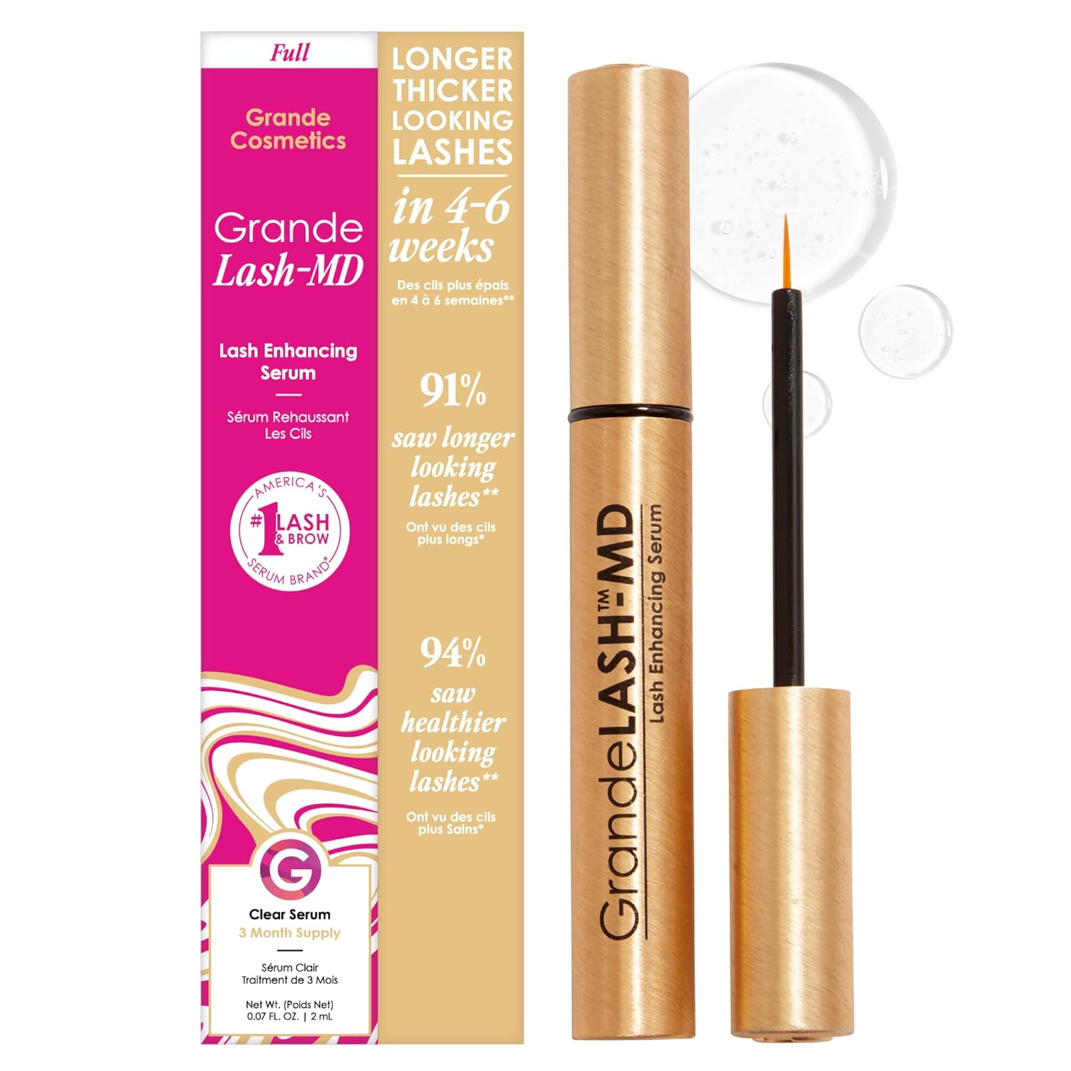 Grande Cosmetics GrandeLASH-MD Lash Enhancing Serum - Peptide & Vitamin Infused Formula for Longer, Thicker, Fuller Looking Lashes - Ophthalmologist Tested, Cruelty-Free 2mL, 3-month supply